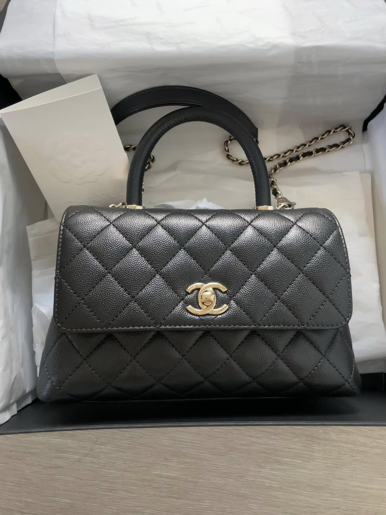 CHANEL Chanel Small Classic Coco Top Handle Handbag in Black Caviar