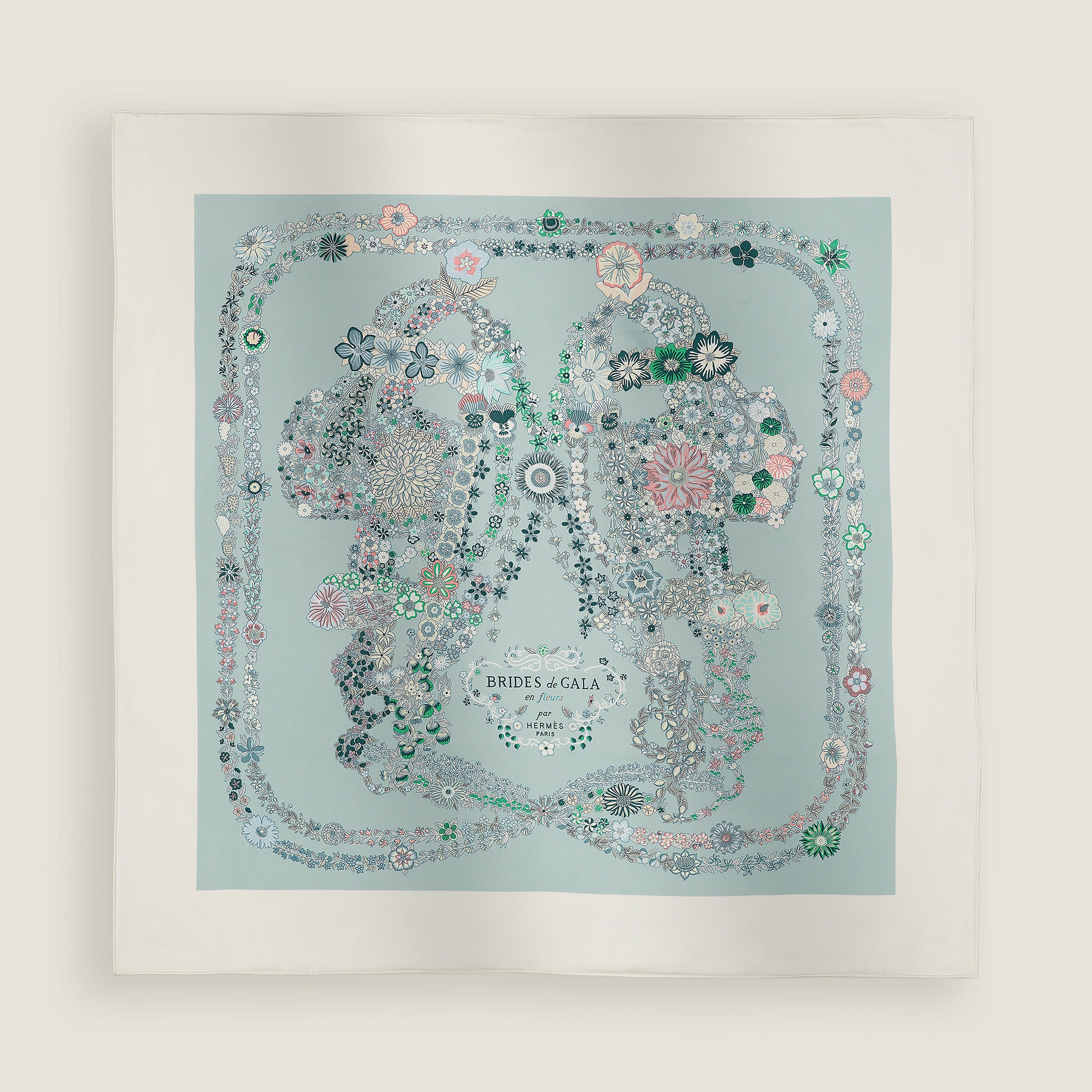 HERMES Brides de Gala en Fleurs Scarf 90 Blanc / Bleu Glacier