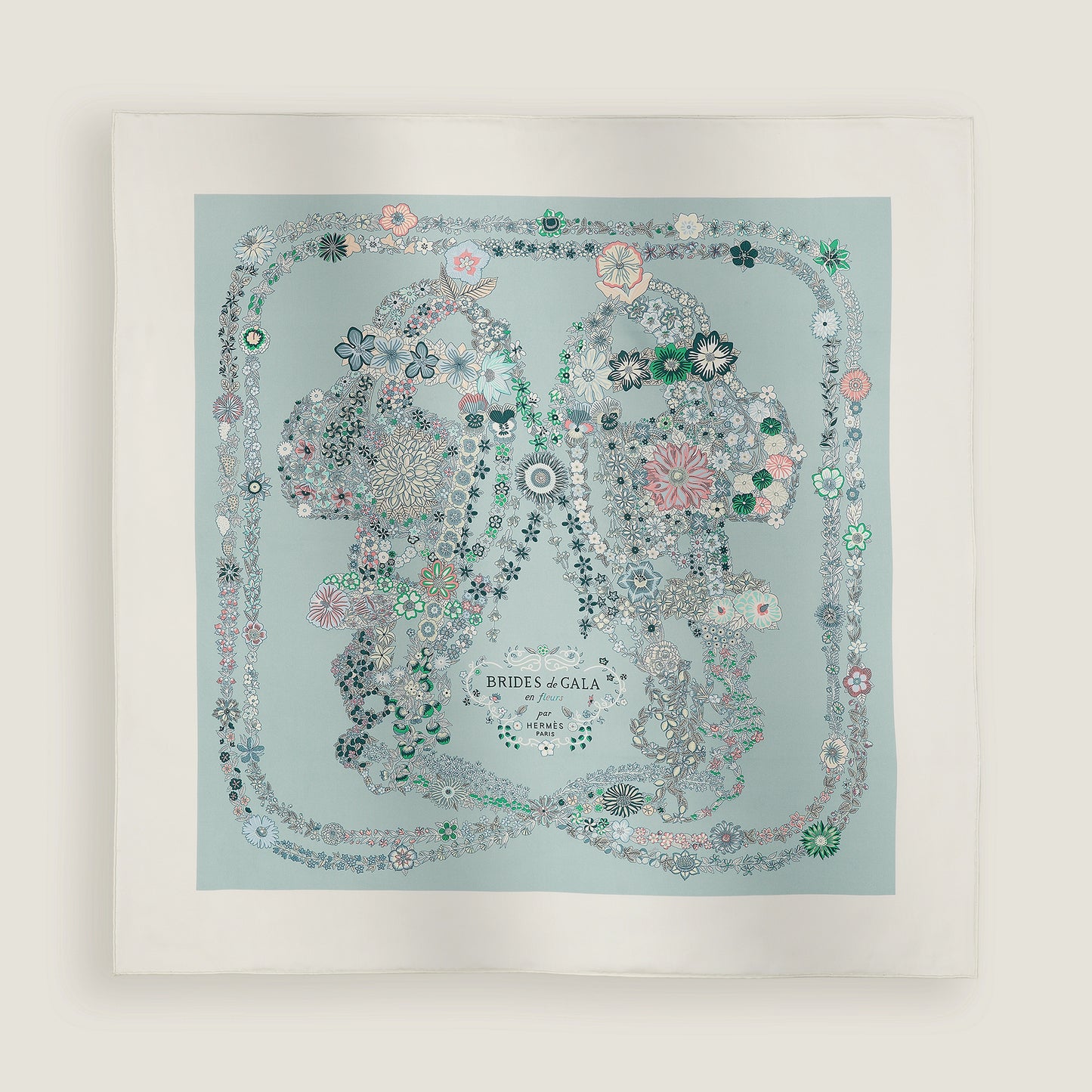 HERMES Brides de Gala en Fleurs Scarf 90 Blanc / Bleu Glacier / Vert - LuxryEdition