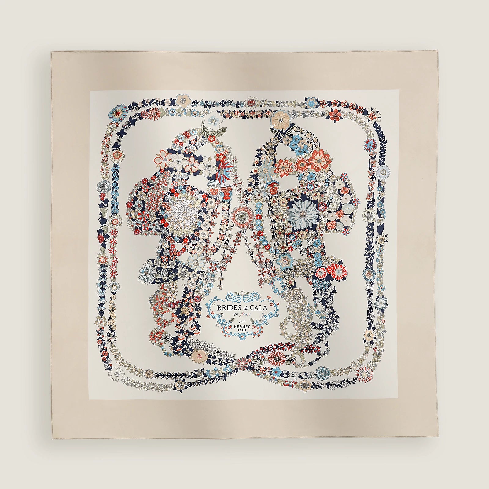 HERMES Brides de Gala en Fleurs Scarf 90 Sable / Blanc / Bleu HERMES Brides de Gala en Fleurs Scarf 90 Sable / Blanc / Bleu