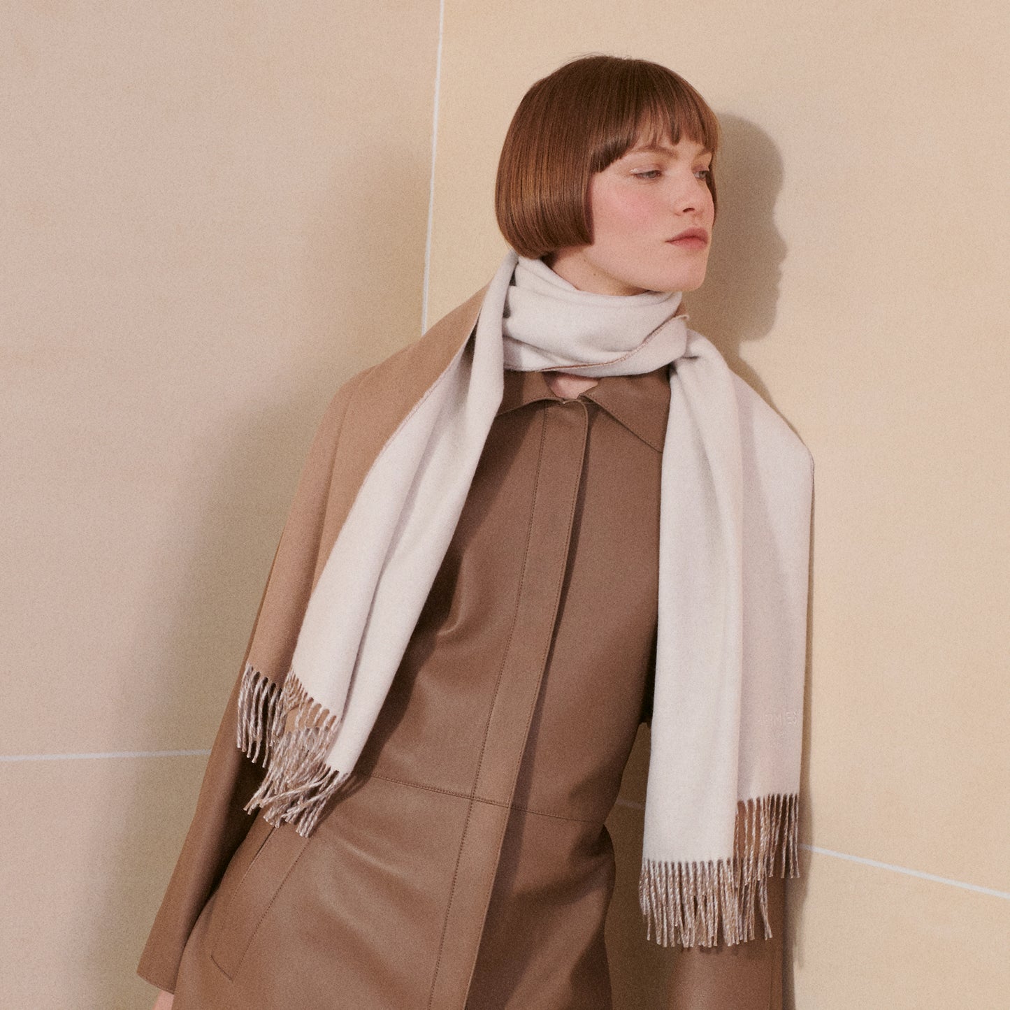HERMES Double Face 100% Cashmere Stole Blanc / Camel - LuxryEdition