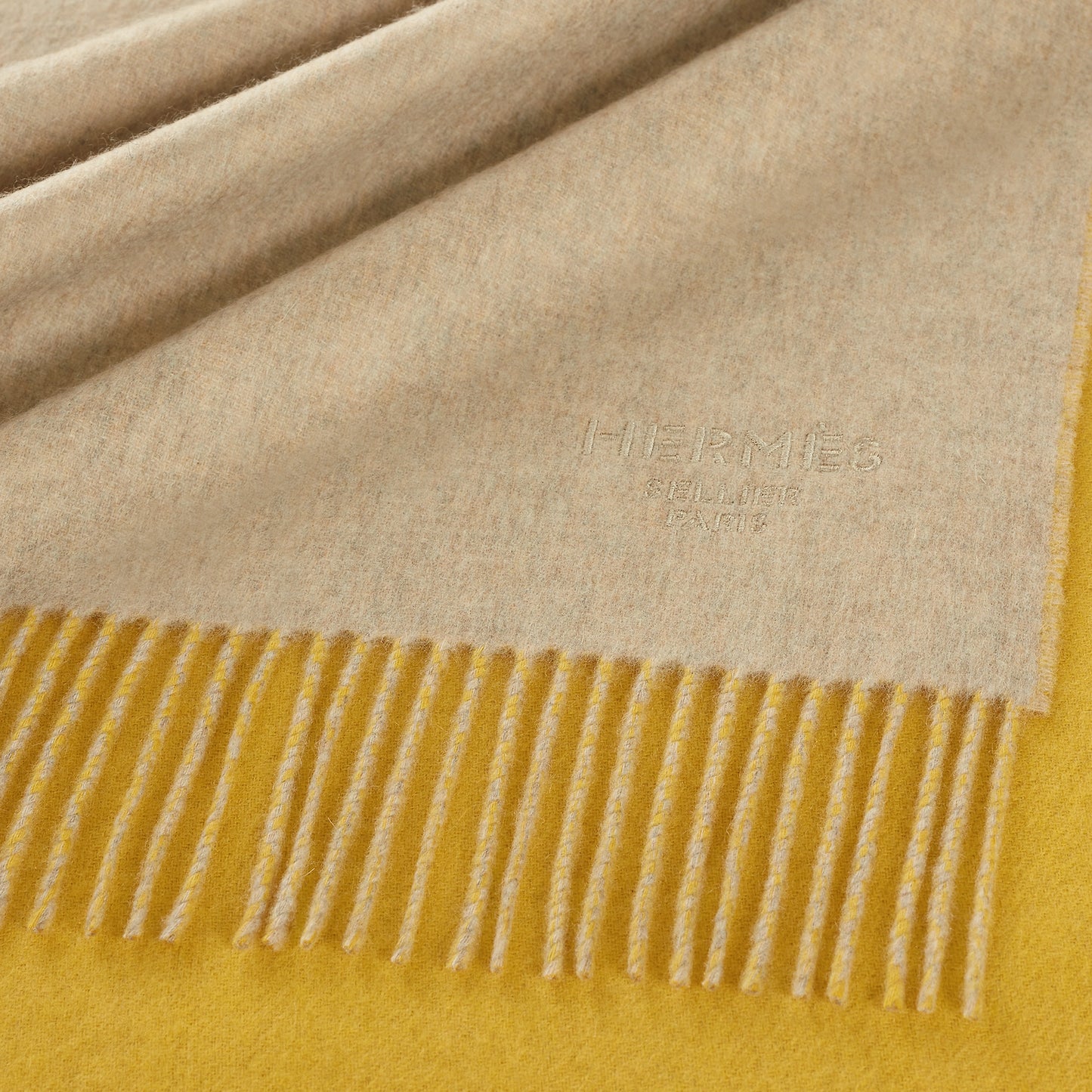 HERMES Double Face 100% Cashmere Stole Beige Chiné / Or - LuxryEdition