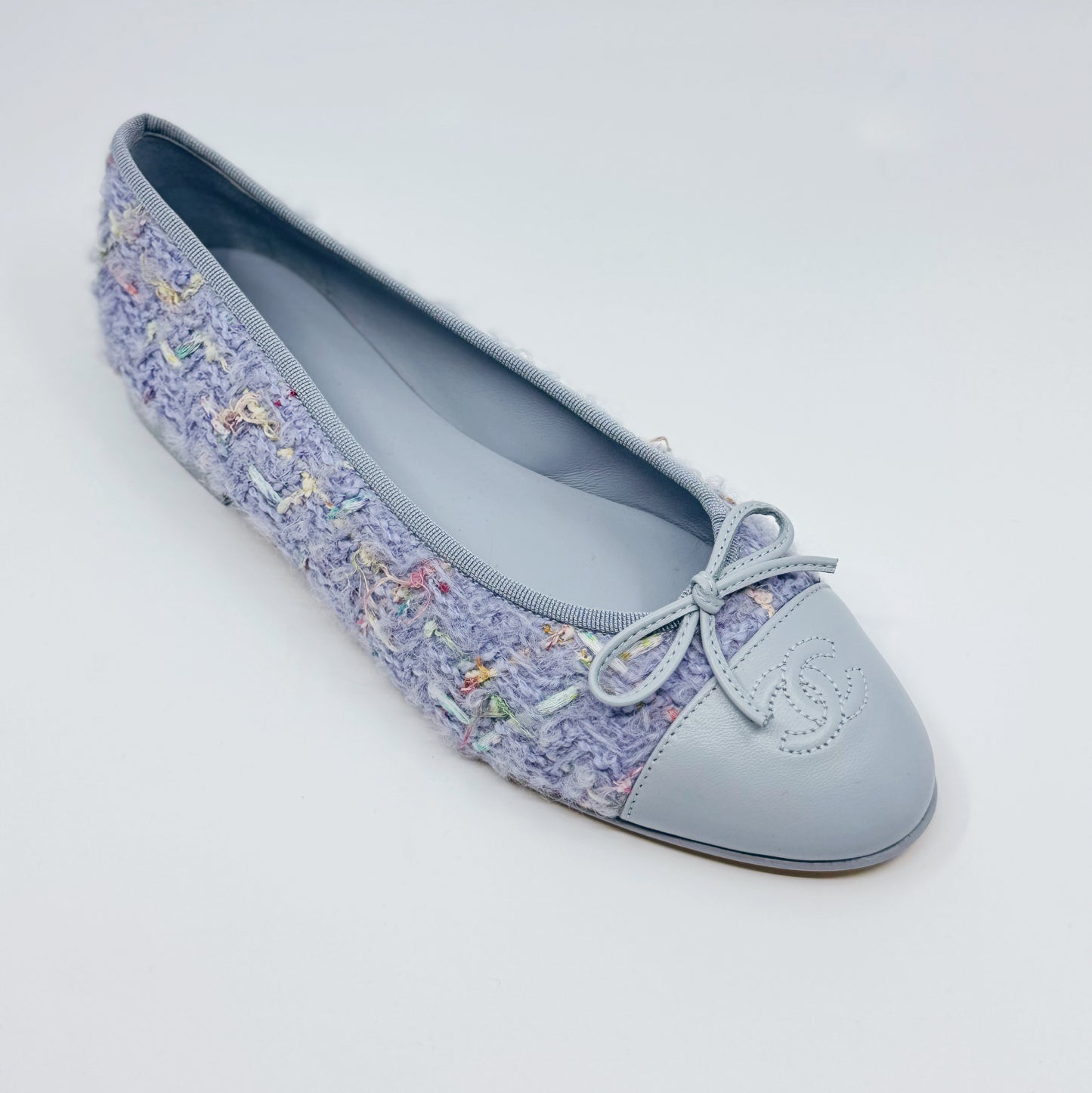 CHANEL Tweed Lavender and Blue CC Cap Toe Ballerina Flats 39.5 - LuxryEdition