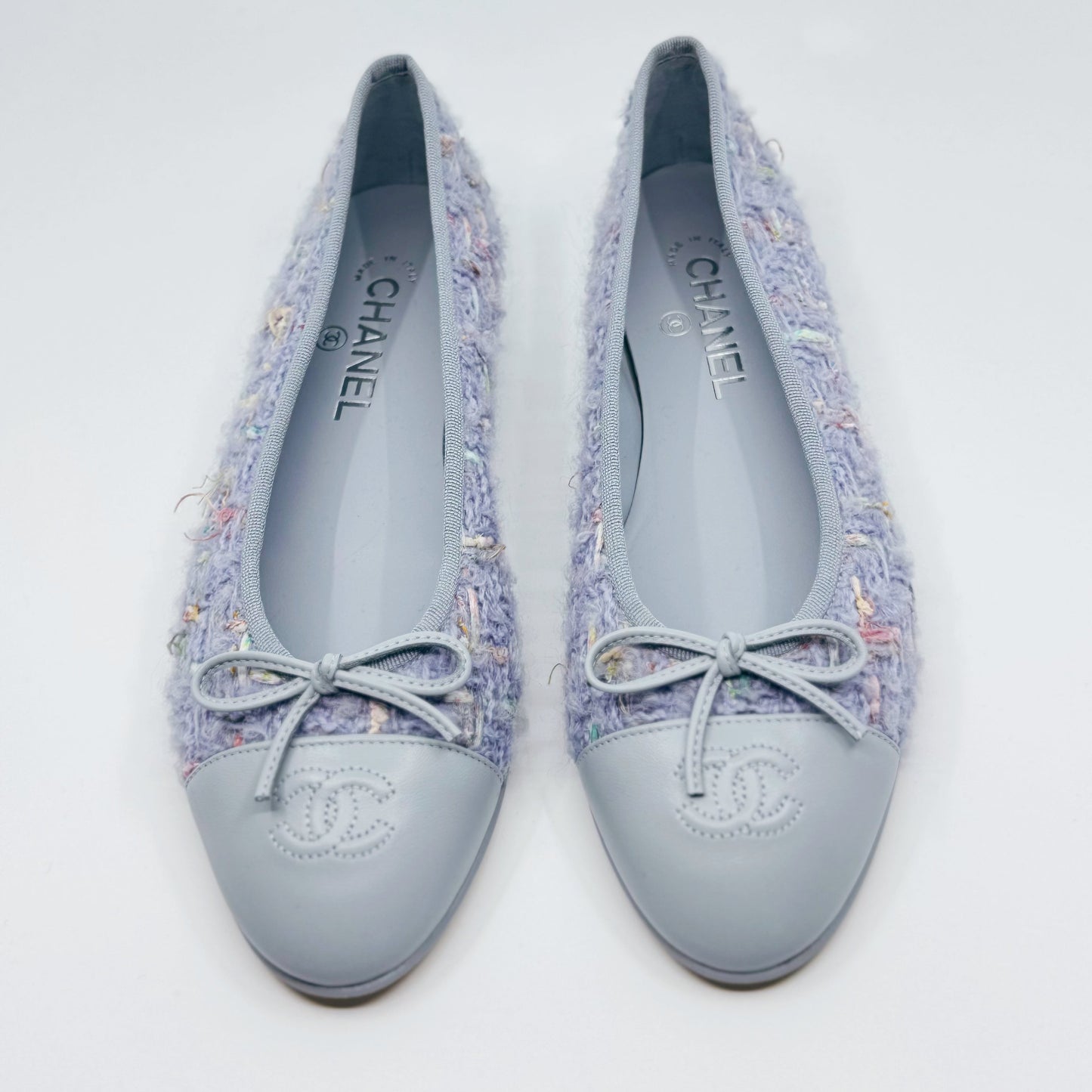 CHANEL Tweed Lavender and Blue CC Cap Toe Ballerina Flats 39.5 - LuxryEdition