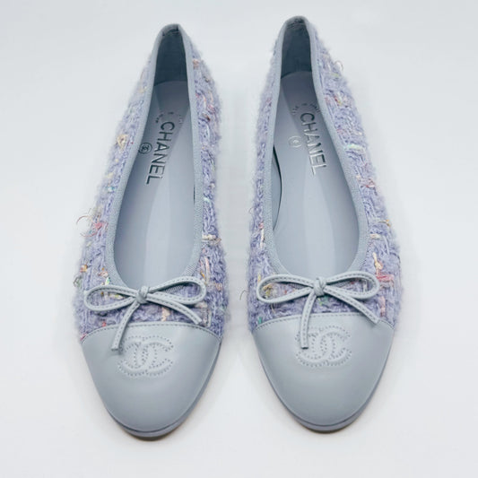 CHANEL Tweed Lavender and Blue CC Cap Toe Ballerina Flats 39.5 - LuxryEdition