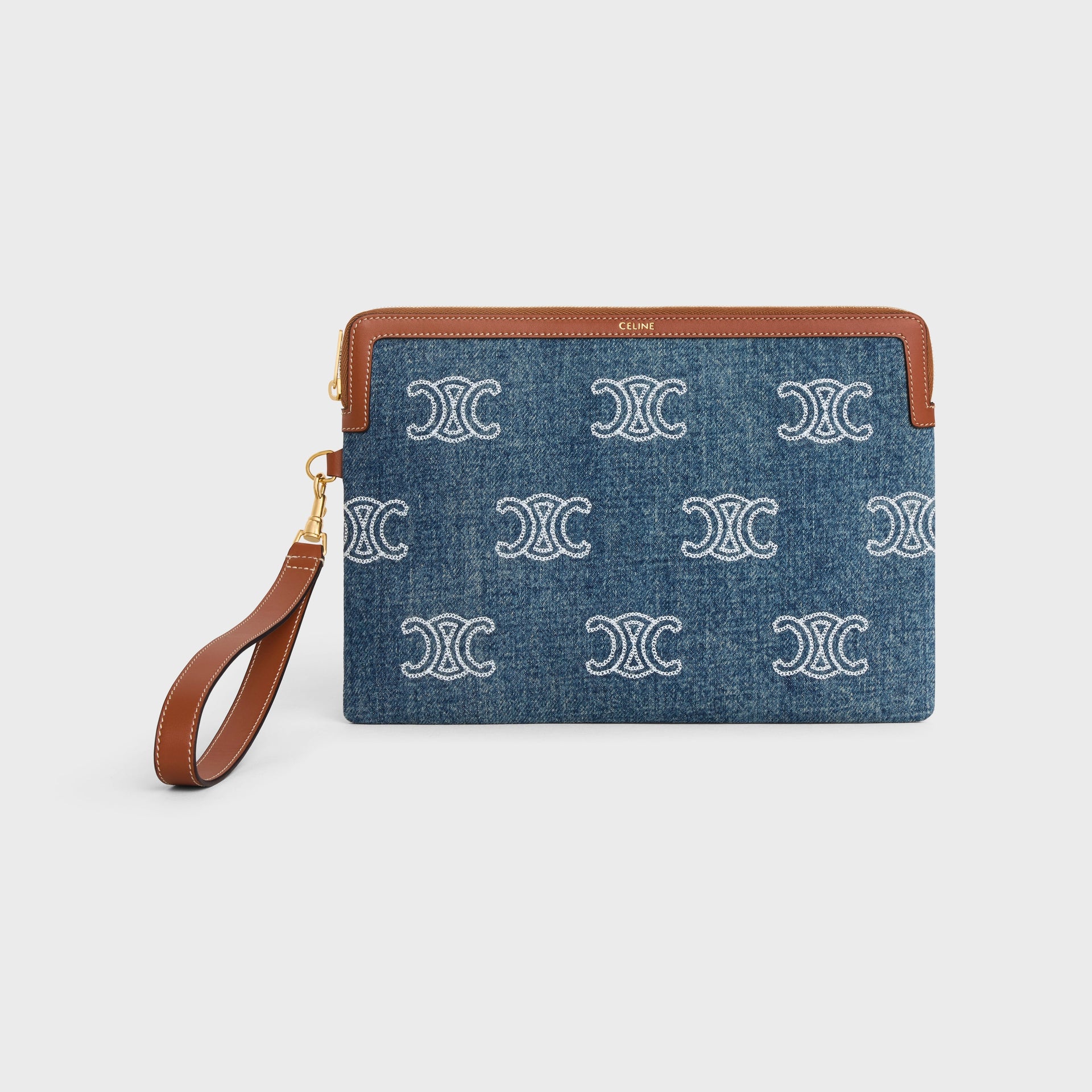 CELINE｜ (SMALL STRAP POUCH IN DENIM AND CALFSKIN (10J50 Celine Small Pouch Strap Cuir Triomphe in Denim w Logo All