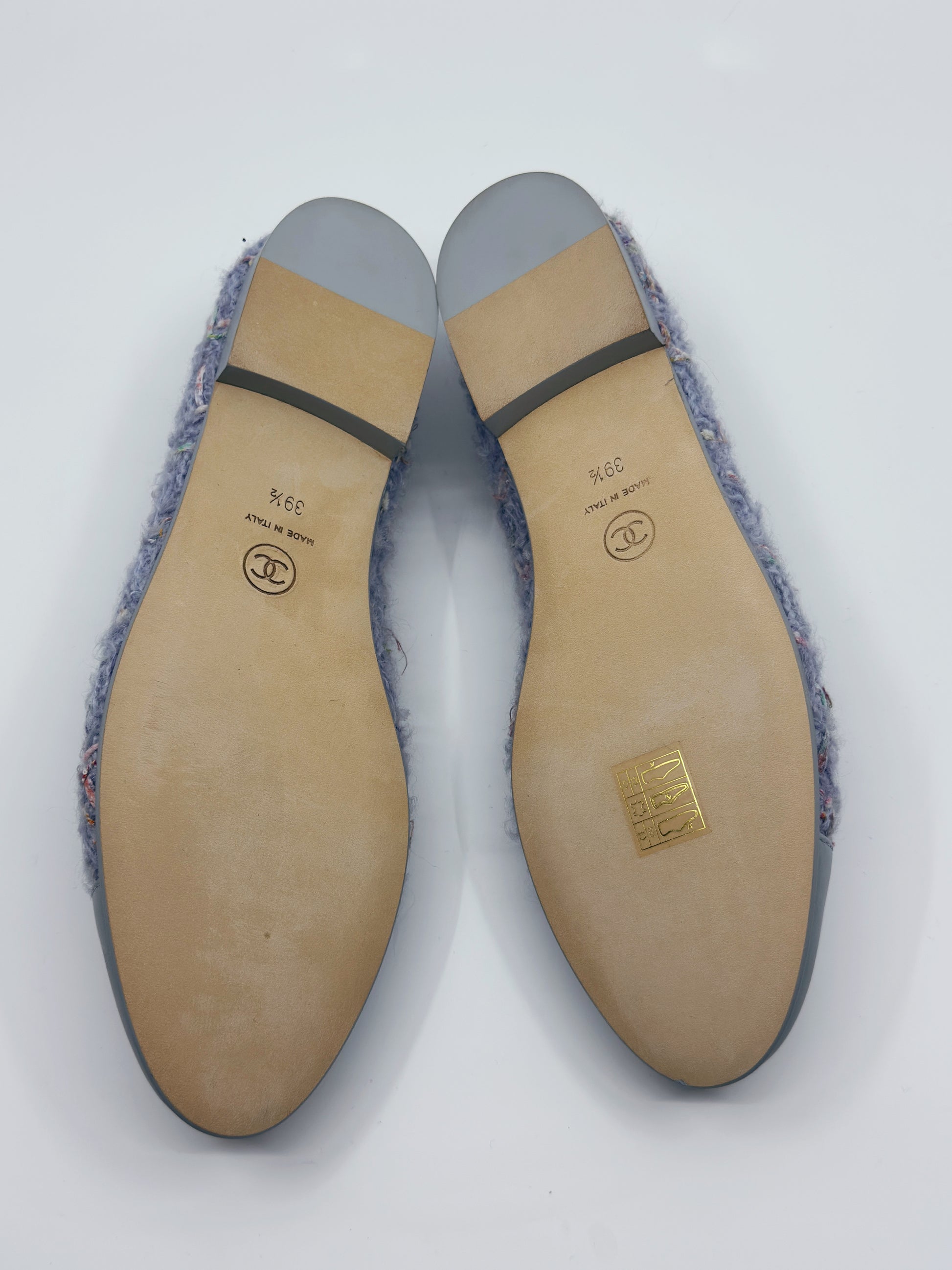 CHANEL Tweed Lavender and Blue CC Cap Toe Ballerina Flats 39.5 - LuxryEdition