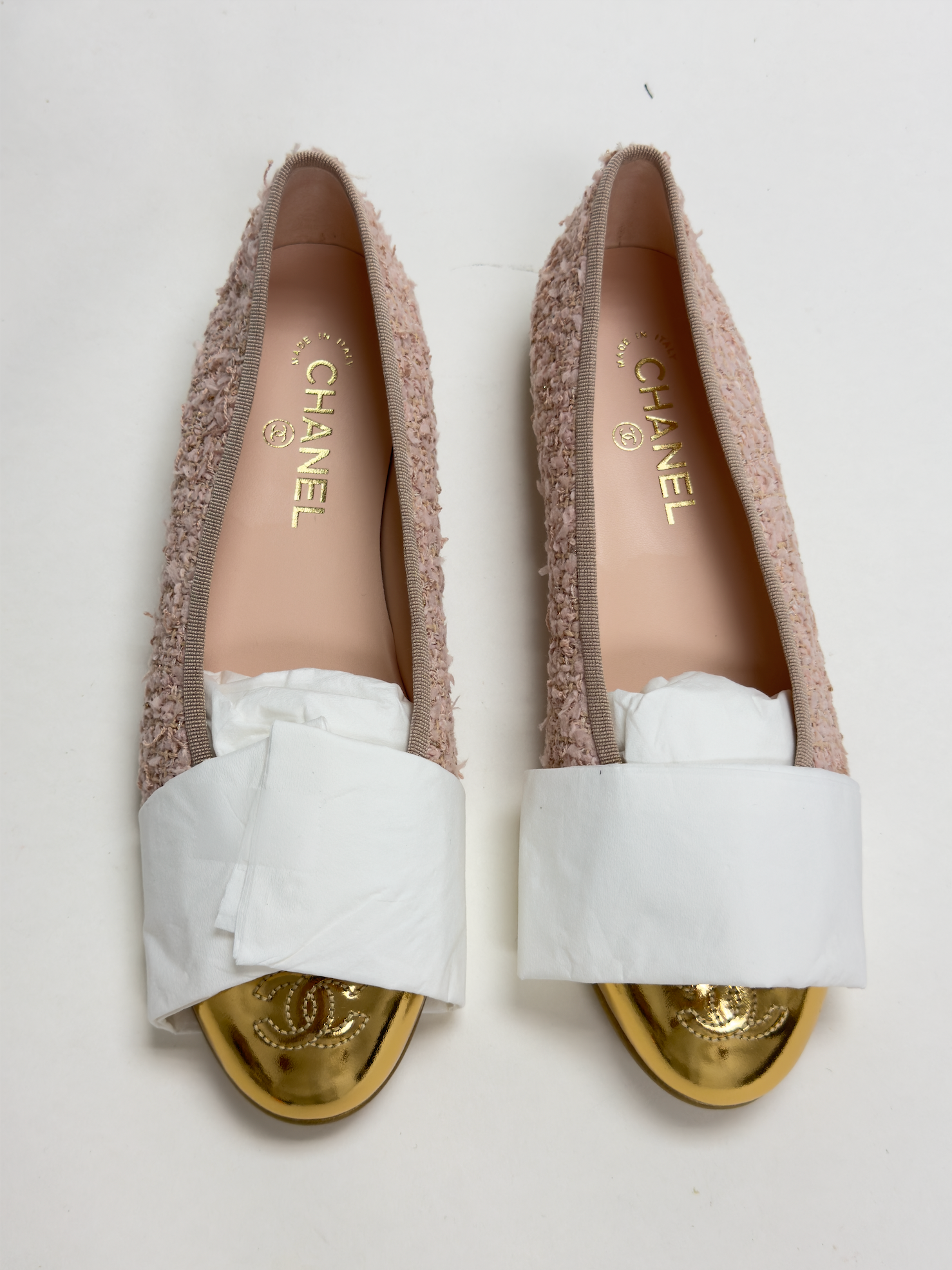 CHANEL Tweed Pink and Gold CC Cap Toe Ballerina Flats 40