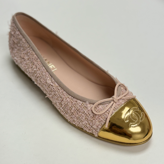 CHANEL Tweed Pink and Gold CC Cap Toe Ballerina Flats 40 - LuxryEdition