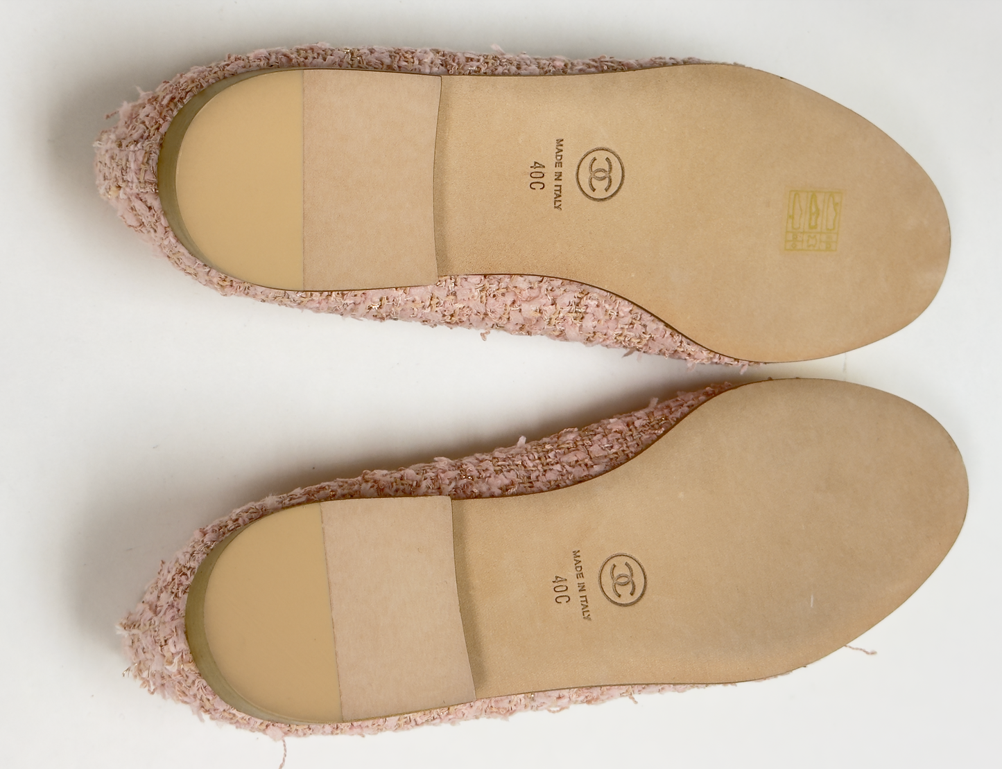 CHANEL Tweed Pink and Gold CC Cap Toe Ballerina Flats 40 - LuxryEdition