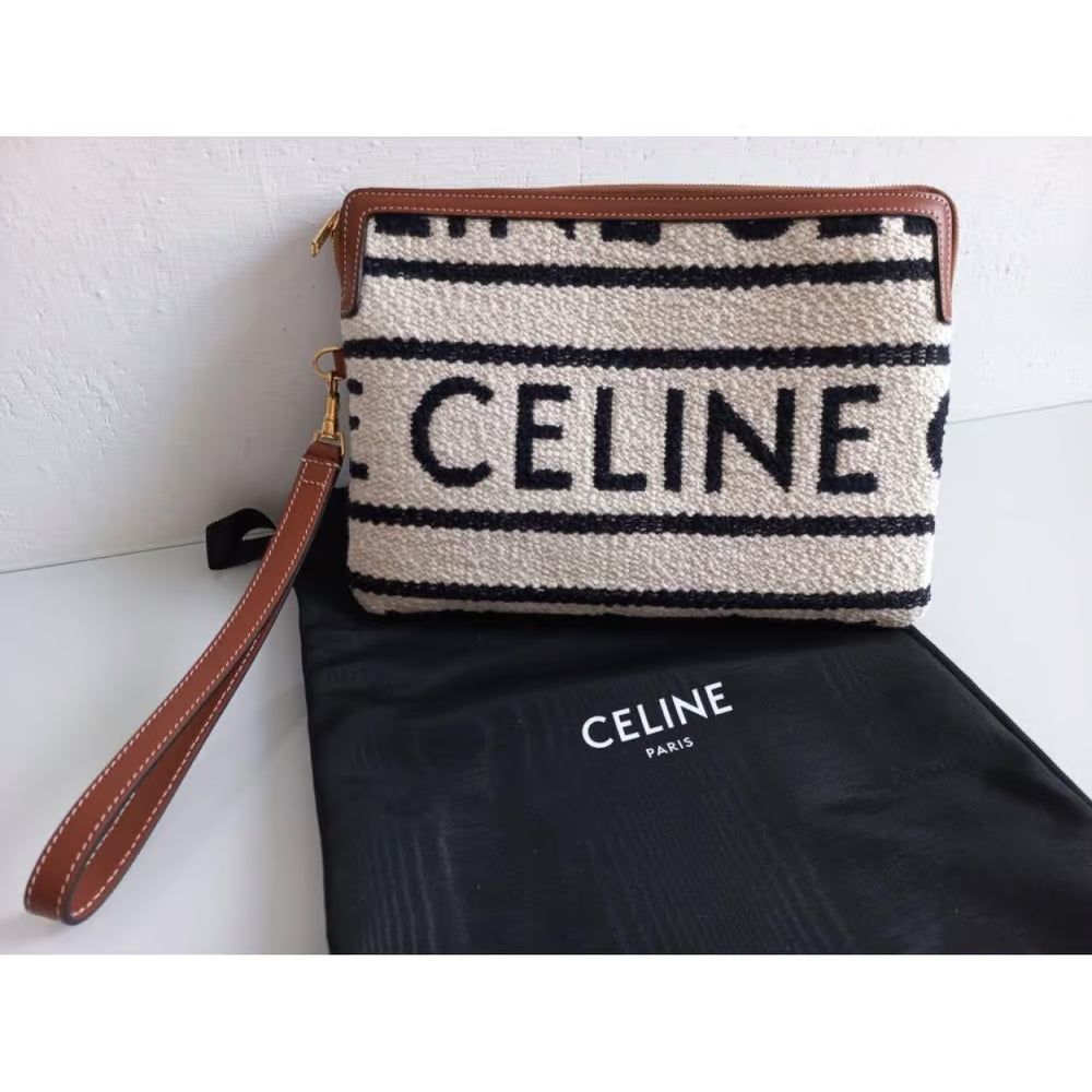 CELINE Small Pouch with Strap in Striped Textile - LuxryEdition