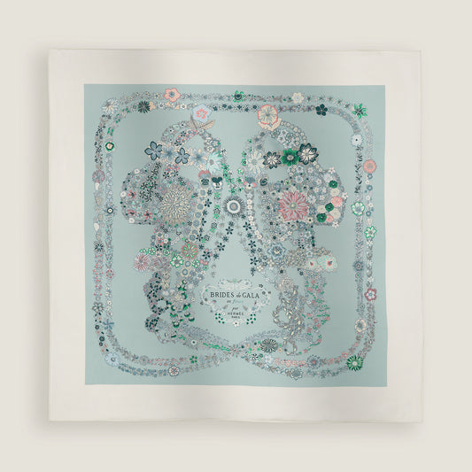 HERMES Brides de Gala en Fleurs Scarf 90 Blanc / Bleu Glacier / Vert - LuxryEdition
