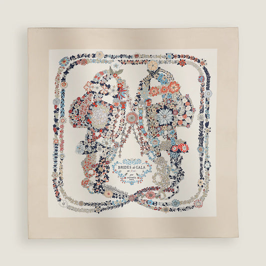 HERMES Brides de Gala en Fleurs Scarf 90 Sable / Blanc / Bleu - LuxryEdition
