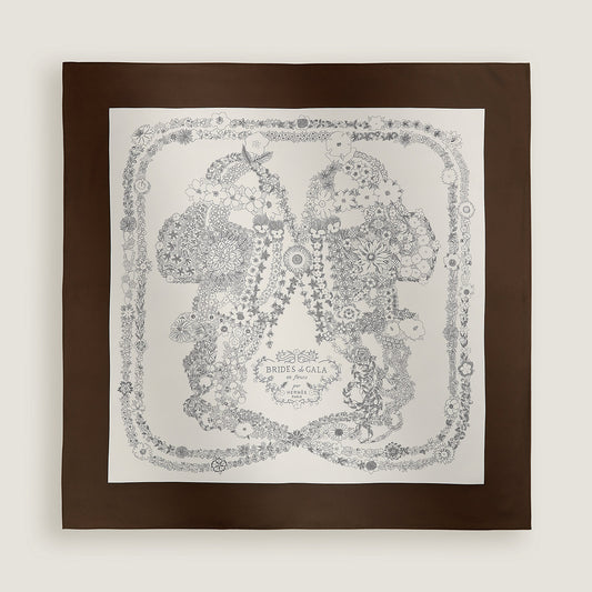 HERMES Brides de Gala en Fleurs Scarf 90 Ébène / Blanc / Gris Anthracite - LuxryEdition