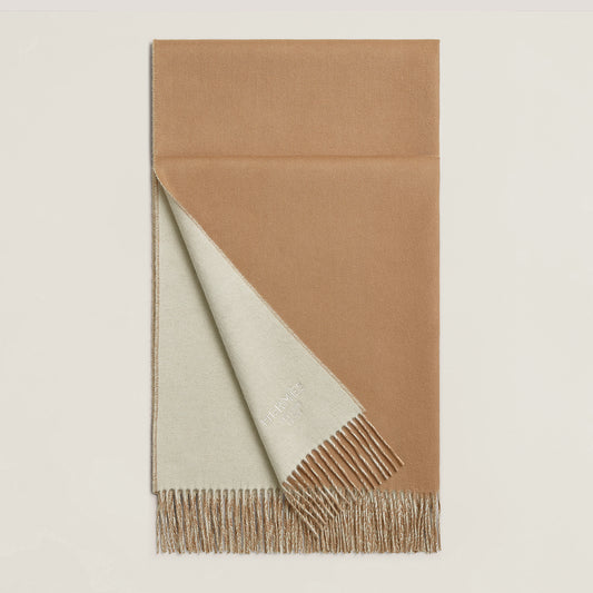 HERMES Double Face 100% Cashmere Stole Blanc / Camel - LuxryEdition