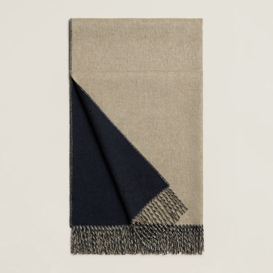 HERMES Double Face 100% Cashmere Stole Marine / Beige Chiné - LuxryEdition