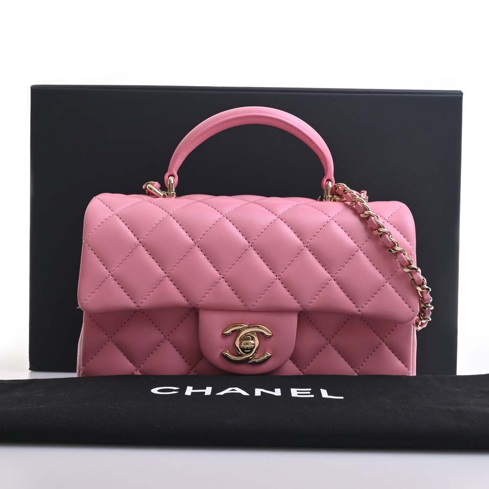 CHANEL Lambskin Matelasse Coco Mark Top Handle Pink Lambskin - LuxryEdition