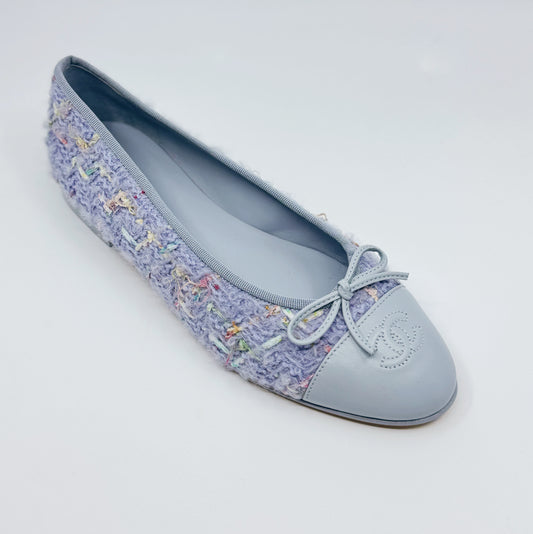 CHANEL Tweed Lavender and Blue CC Cap Toe Ballerina Flats 39.5 - LuxryEdition
