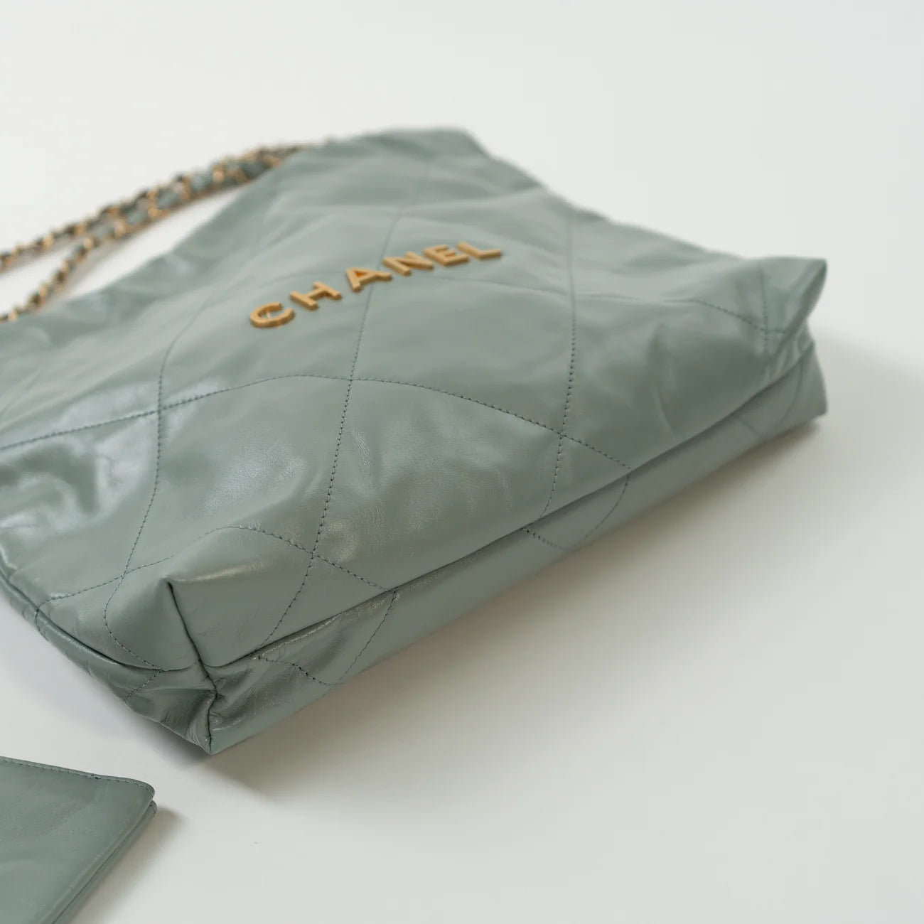 23C Small Grey Green Calfskin Quilted Chanel 22 Drawstring Bag - LuxryEdition