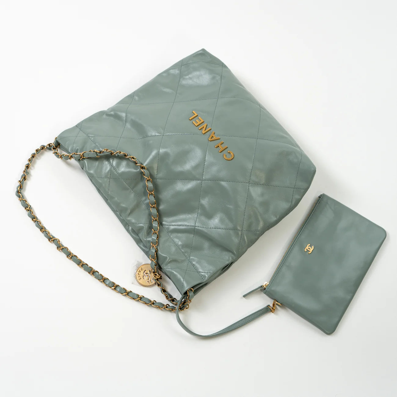 23C Small Grey Green Calfskin Quilted Chanel 22 Drawstring Bag - LuxryEdition