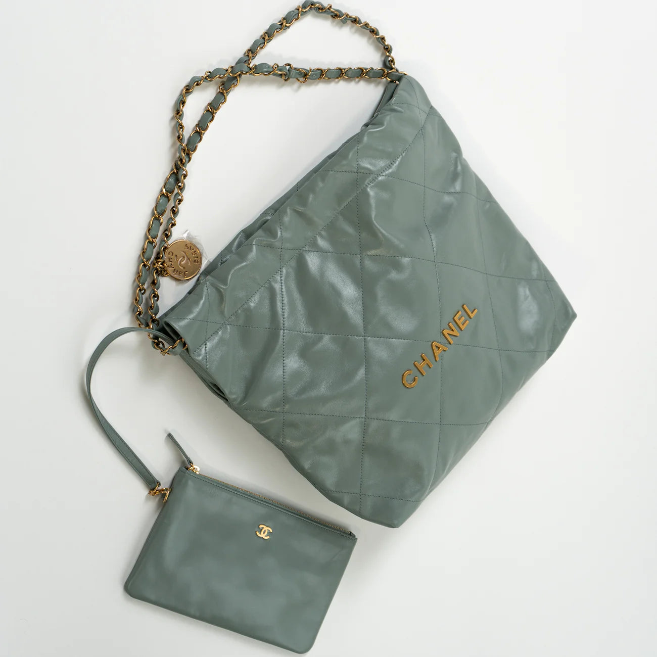 23c Small Grey Green Calfskin Quilted Chanel 22 Drawstring Bag