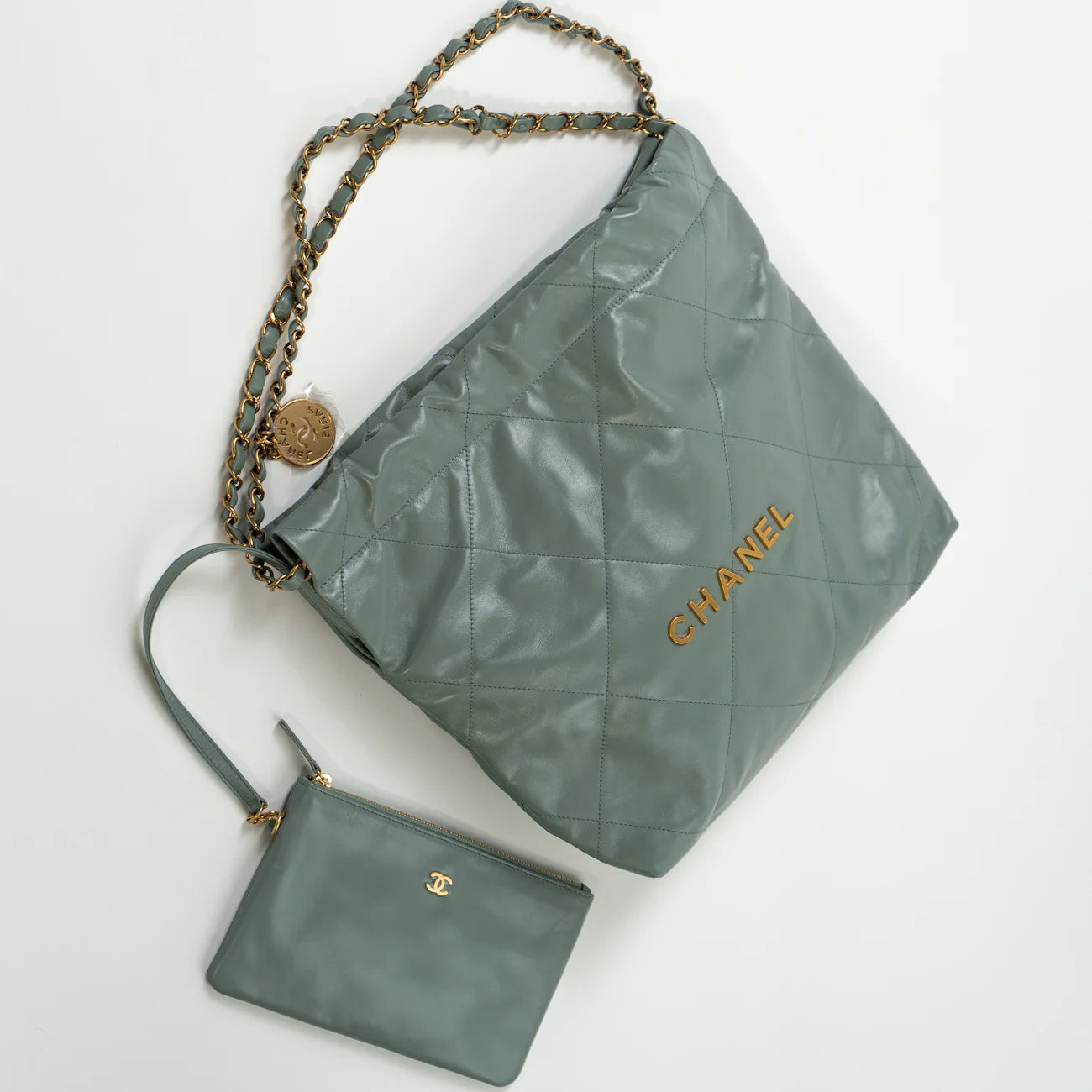 23C Small Grey Green Calfskin Quilted Chanel 22 Drawstring Bag - LuxryEdition