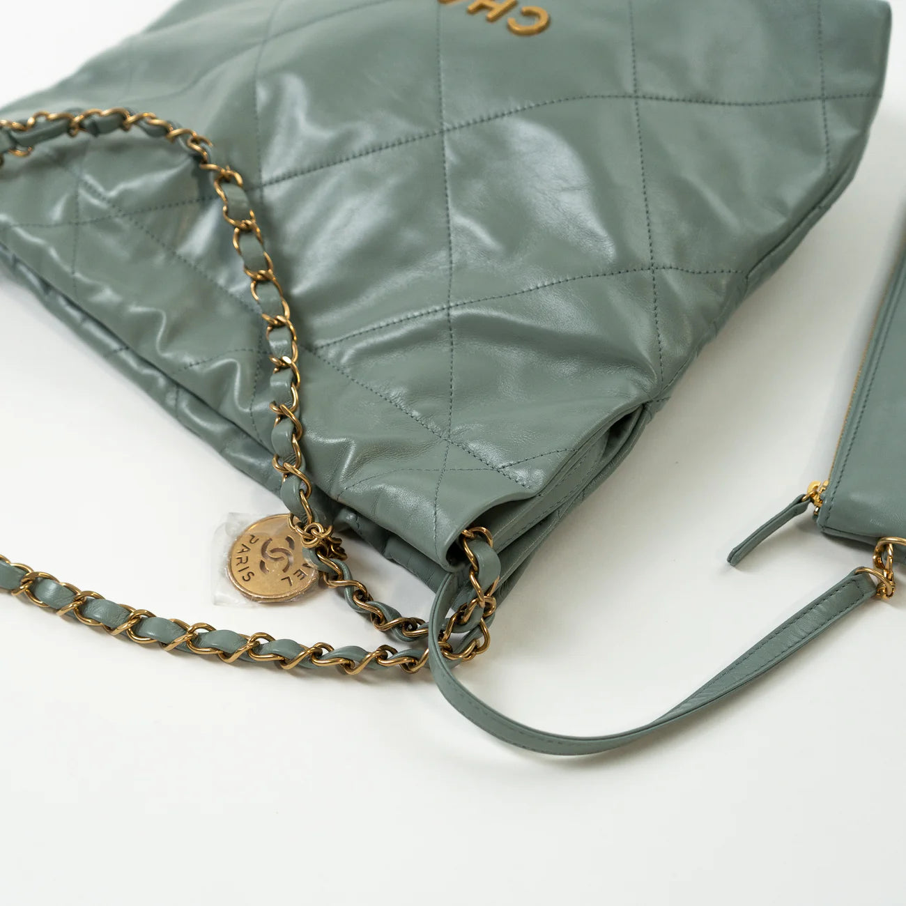 23C Small Grey Green Calfskin Quilted Chanel 22 Drawstring Bag - LuxryEdition