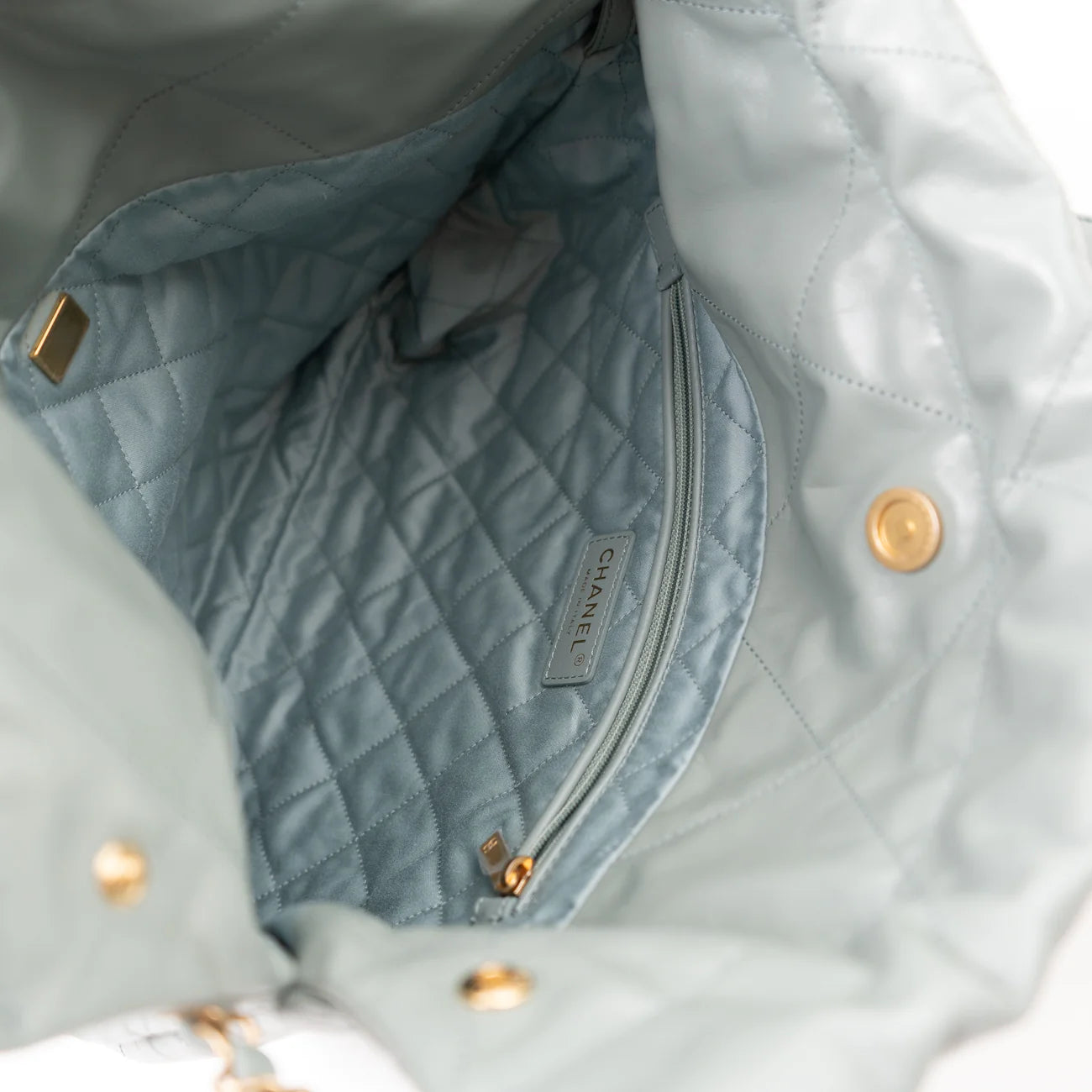 23C Small Grey Green Calfskin Quilted Chanel 22 Drawstring Bag - LuxryEdition