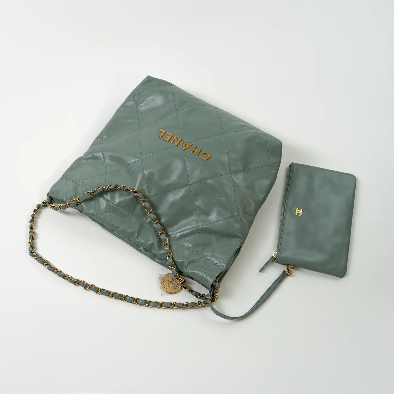 23C Small Grey Green Calfskin Quilted Chanel 22 Drawstring Bag - LuxryEdition