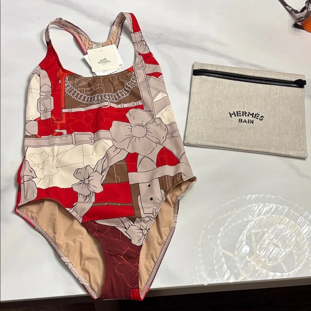 NEW Hermes Giselle Swimsuit in Red Amazon "Grand Manege" Sz 40 - LuxryEdition