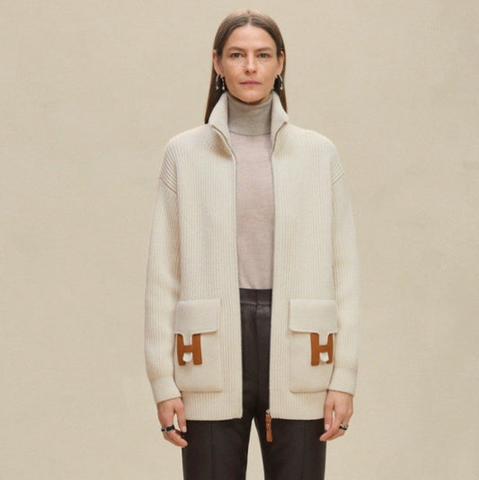HERMES Wool Knit Cardigan With H Leather Pull Tabs sz 34 BNIB - LuxryEdition