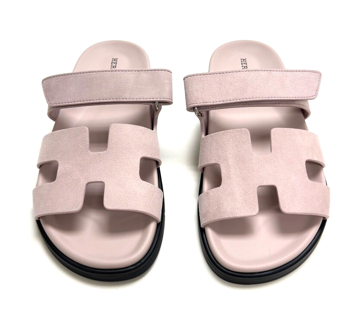 Hermes Chypre Sandals Size 39.5 Rose Porcelain Suede - LuxryEdition