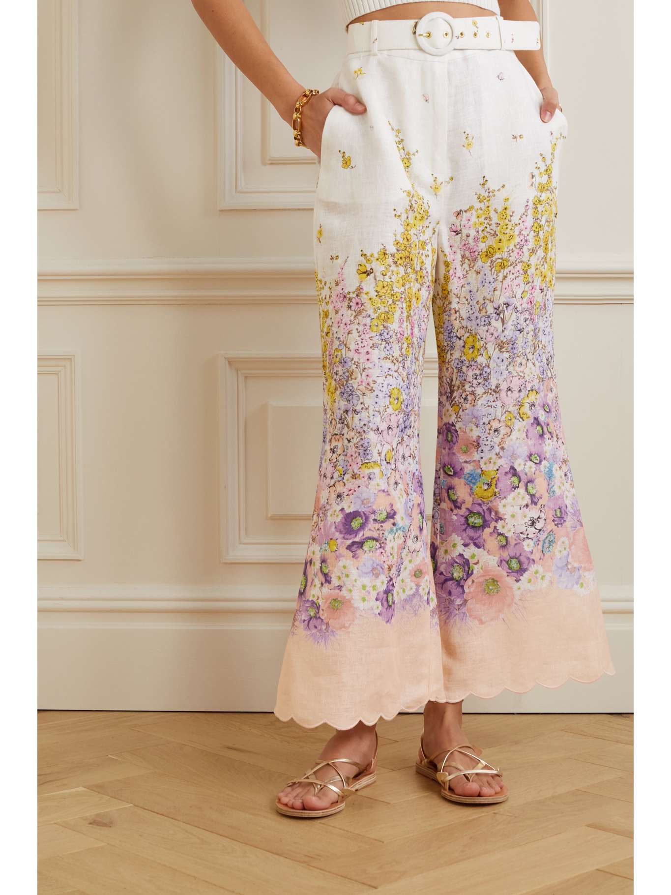 Zimmermann Jude Belted Scalloped Floral Linen Wide-Leg Pants Size 1 - LuxryEdition